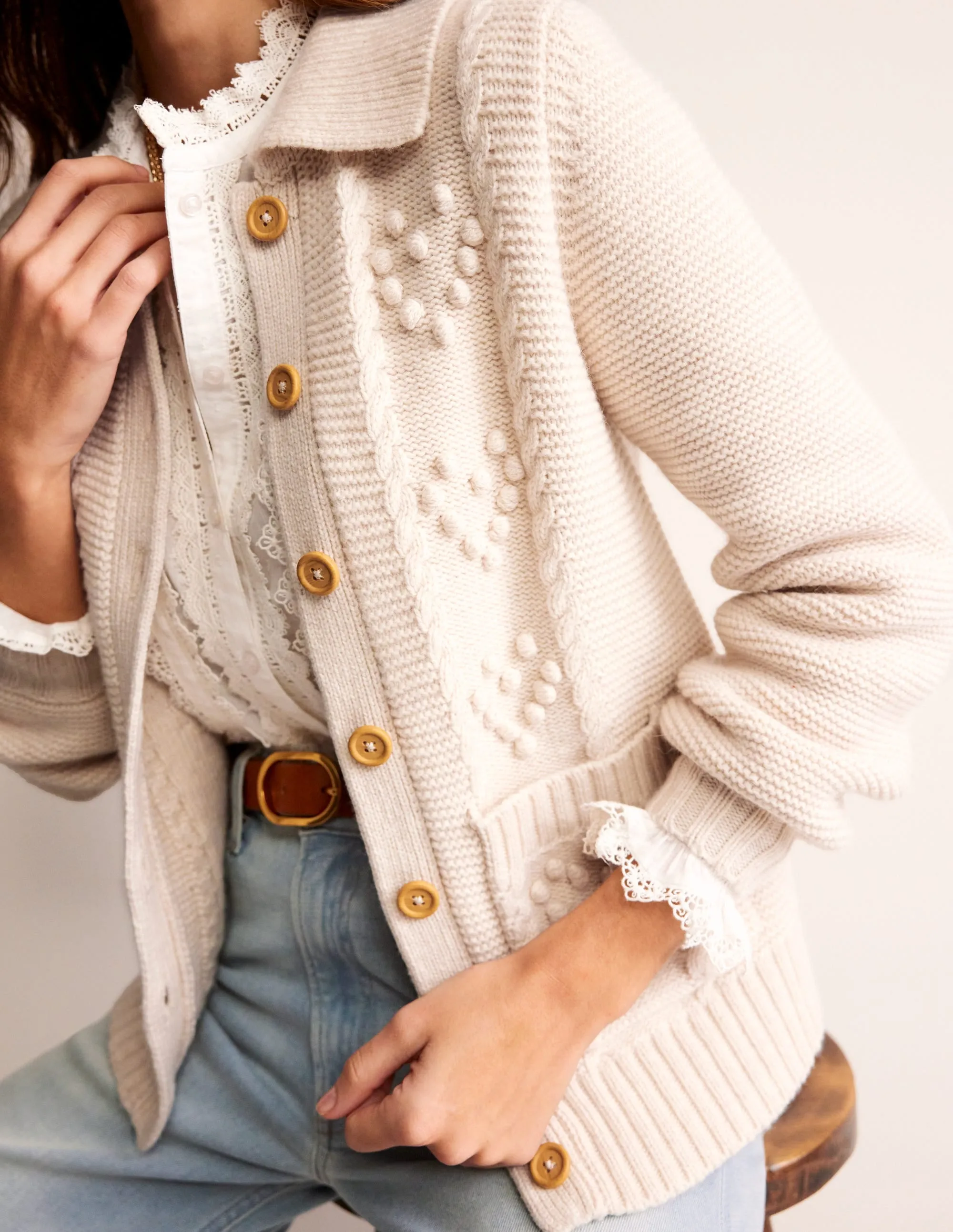Chunky Bobble Heart Cardigan-Ecru Marl