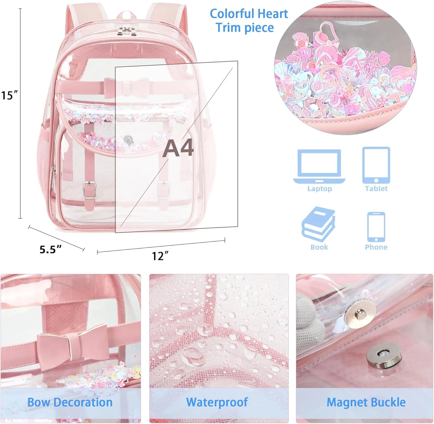 Clear Backpack for School,Heavy Duty PVC Transparent Bookbag for Girls Women Stadium Approved See Through Backpacks Kids Elementary Laptop Bags for Teens,Sports,Students,Work,Travel Pink