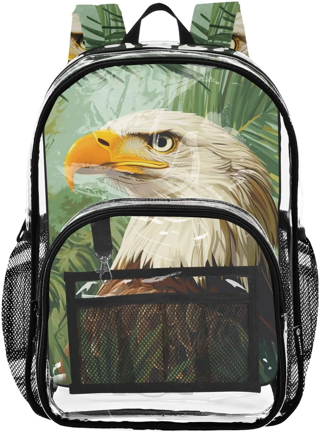 Clear Backpack for Stadium Events School Backpacks Girls Boys heavy duty PVC Waterproof Transparent Plastic Book Bag for Women Work Bald Eagle and Summer Tropical Leaves
