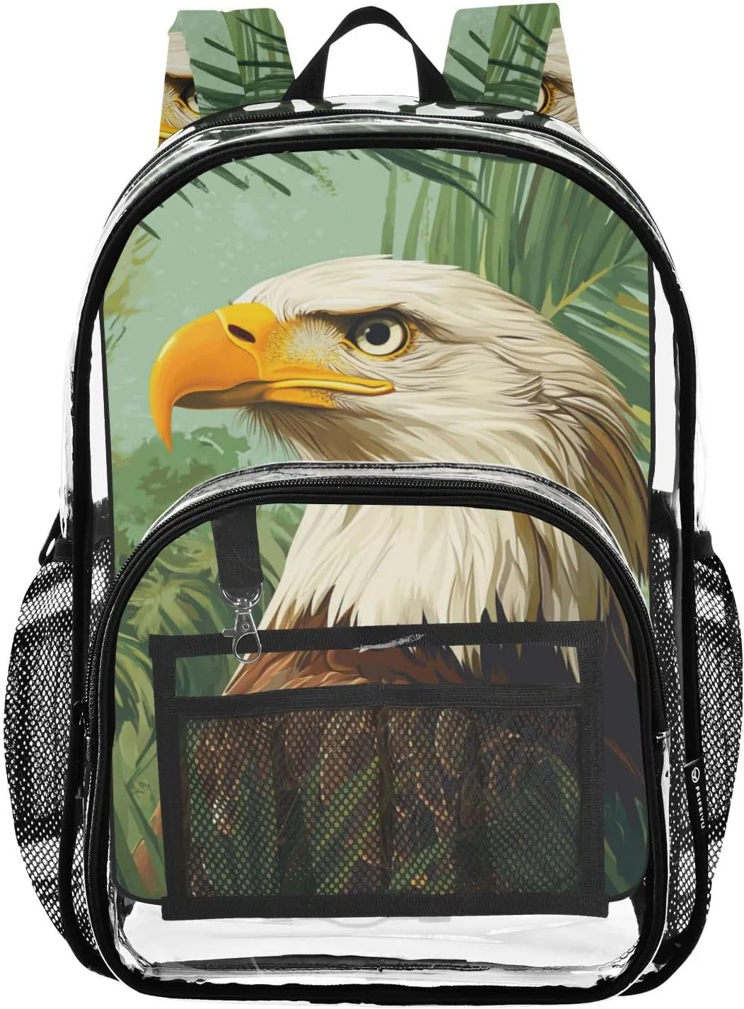 Clear Backpack for Stadium Events School Backpacks Girls Boys heavy duty PVC Waterproof Transparent Plastic Book Bag for Women Work Bald Eagle and Summer Tropical Leaves
