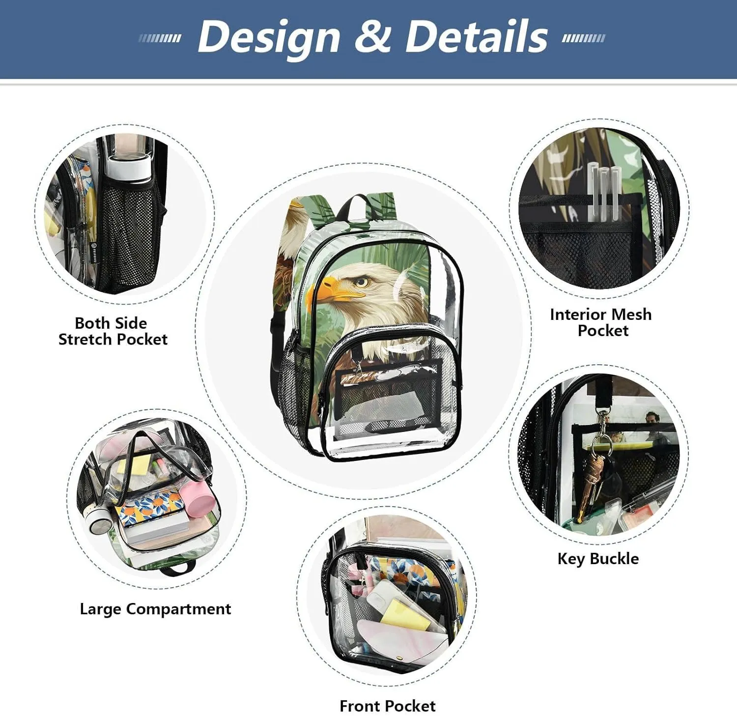 Clear Backpack for Stadium Events School Backpacks Girls Boys heavy duty PVC Waterproof Transparent Plastic Book Bag for Women Work Bald Eagle and Summer Tropical Leaves