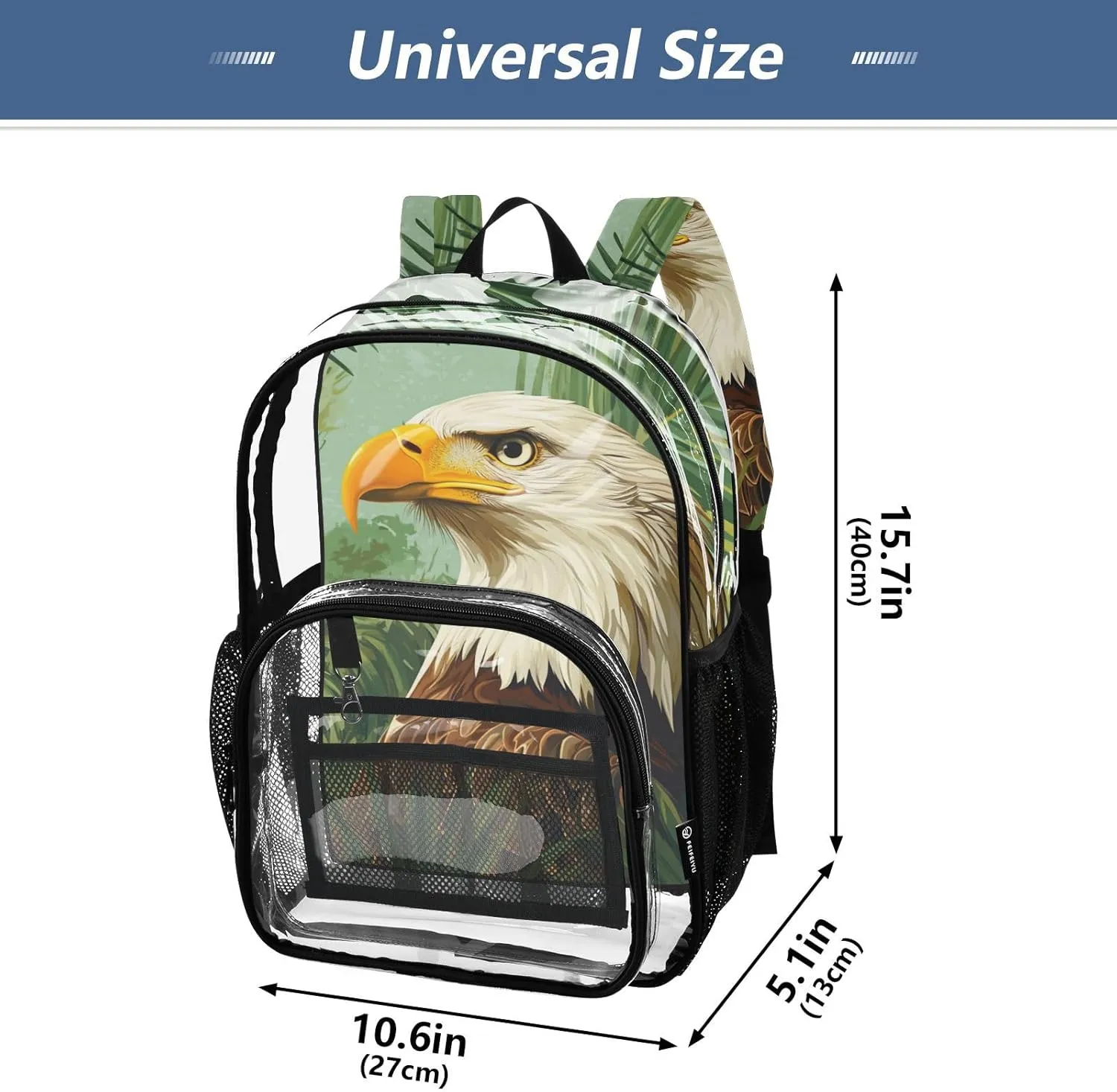 Clear Backpack for Stadium Events School Backpacks Girls Boys heavy duty PVC Waterproof Transparent Plastic Book Bag for Women Work Bald Eagle and Summer Tropical Leaves