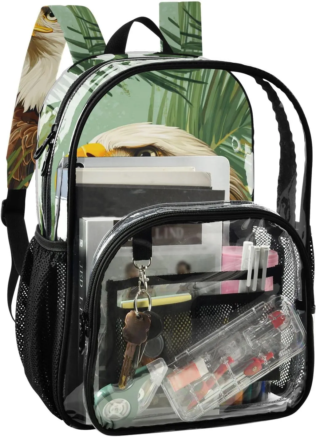 Clear Backpack for Stadium Events School Backpacks Girls Boys heavy duty PVC Waterproof Transparent Plastic Book Bag for Women Work Bald Eagle and Summer Tropical Leaves