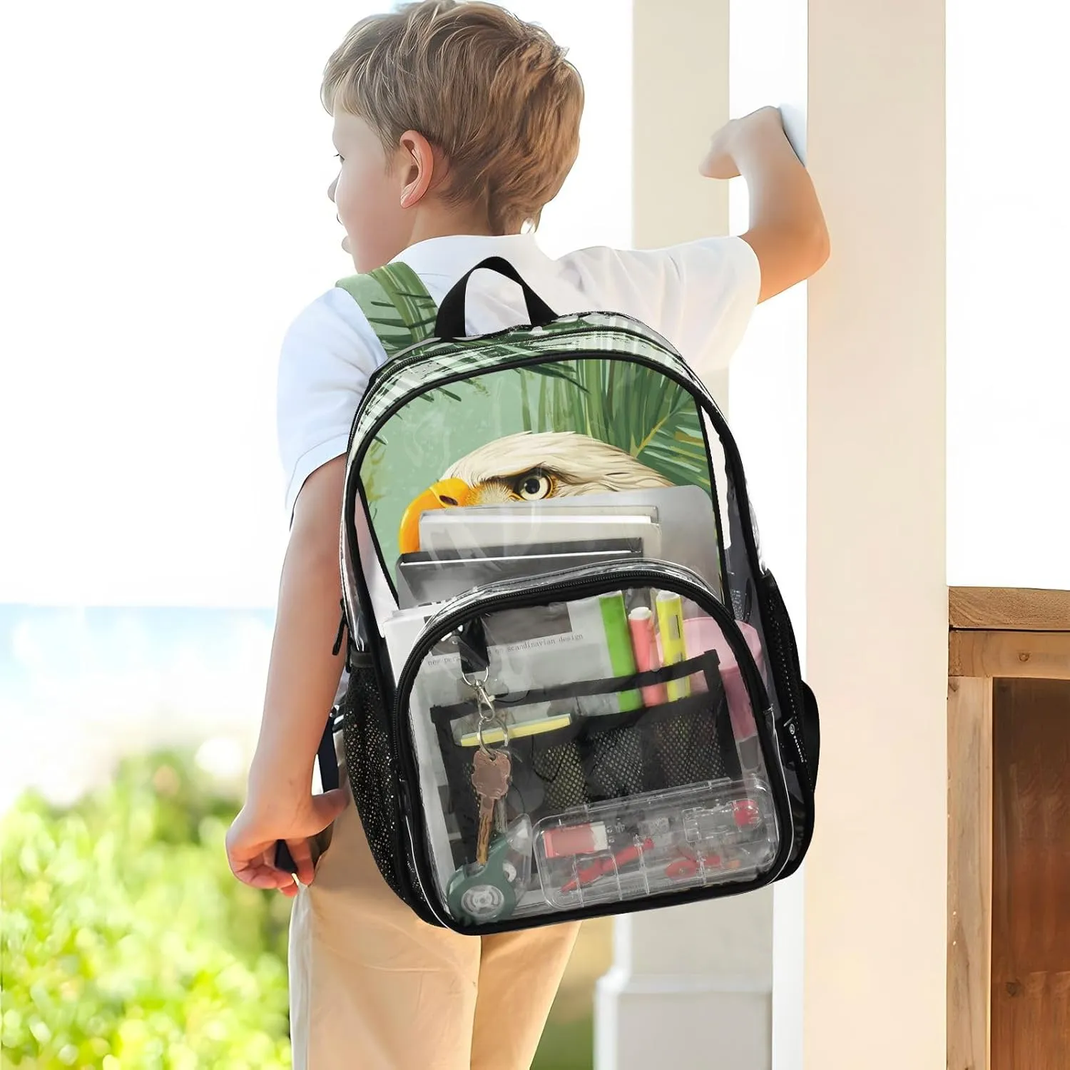 Clear Backpack for Stadium Events School Backpacks Girls Boys heavy duty PVC Waterproof Transparent Plastic Book Bag for Women Work Bald Eagle and Summer Tropical Leaves