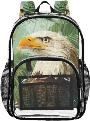 Clear Backpack for Stadium Events School Backpacks Girls Boys heavy duty PVC Waterproof Transparent Plastic Book Bag for Women Work Bald Eagle and Summer Tropical Leaves