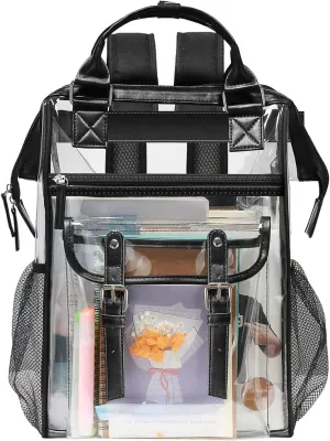 Clear Backpack Heavy Duty for Girls, Thick PVC Transparent Bookbag with Leather Trim, Stadium Approved Clear Backpacks, Large Capacity See Through Backpacks for School (Black)