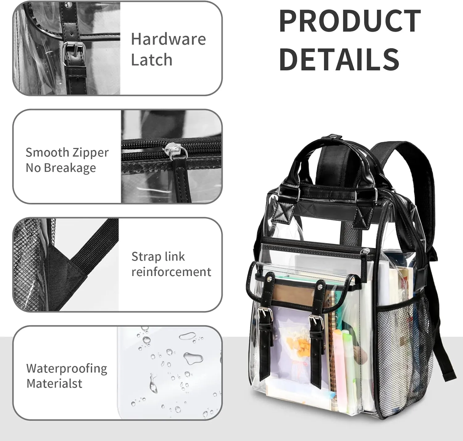 Clear Backpack Heavy Duty for Girls, Thick PVC Transparent Bookbag with Leather Trim, Stadium Approved Clear Backpacks, Large Capacity See Through Backpacks for School (Black)