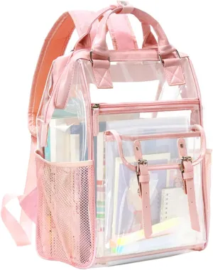 Clear Backpack Heavy Duty for Girls, Thick PVC Transparent Bookbag with Leather Trim, Stadium Approved Clear Backpacks, Large Capacity See Through Backpacks for School (Pink)