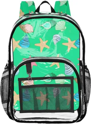 Clear Backpack Women Cute Colorful Seashells Starfish Green Girls Backpack for Kids Plastic Transparent Bookbag