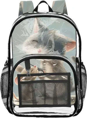 Clear Backpack Women Cute Kids Backpack Boys Girls School Clear Plastic Bag Pvc Gray Cat Mouse Painting Funny