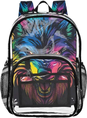 Clear Backpack Women Cute Neon Wolf Head Colorful Kids Backpack Boys Girls Plastic See through Bookbag