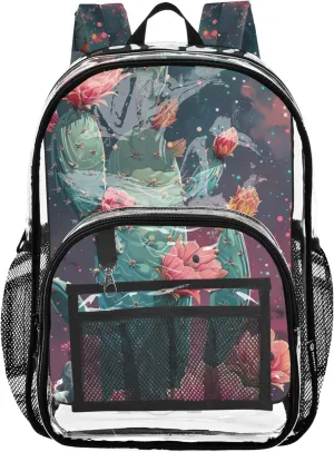 Clear Bag for Women Travel Fantastic Cactus Pink Flowers Kids Girls Backpack Boys Plastic See through Bookbag