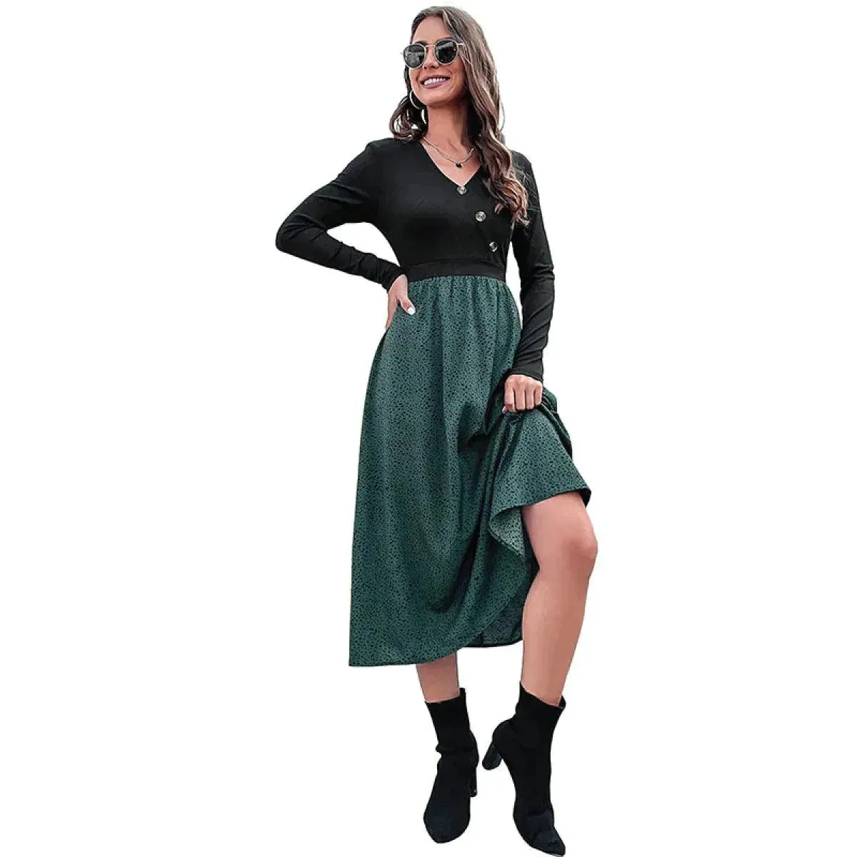 Colorblock Polka Dot Buttoned A-line Midi Dress