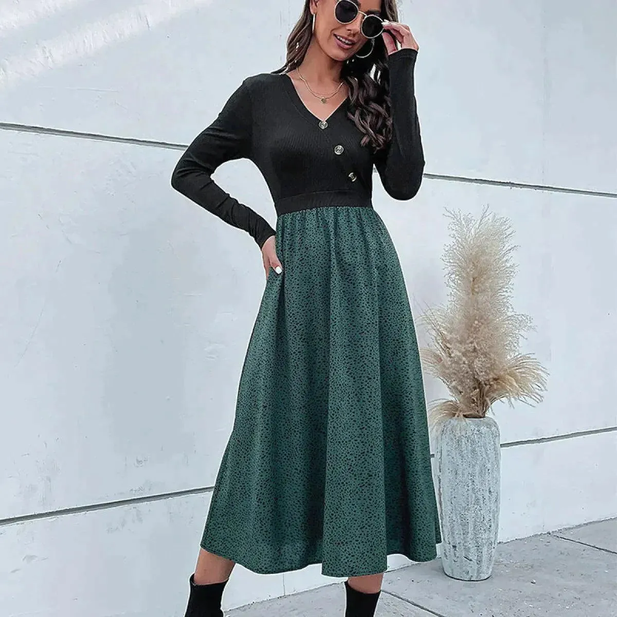 Colorblock Polka Dot Buttoned A-line Midi Dress