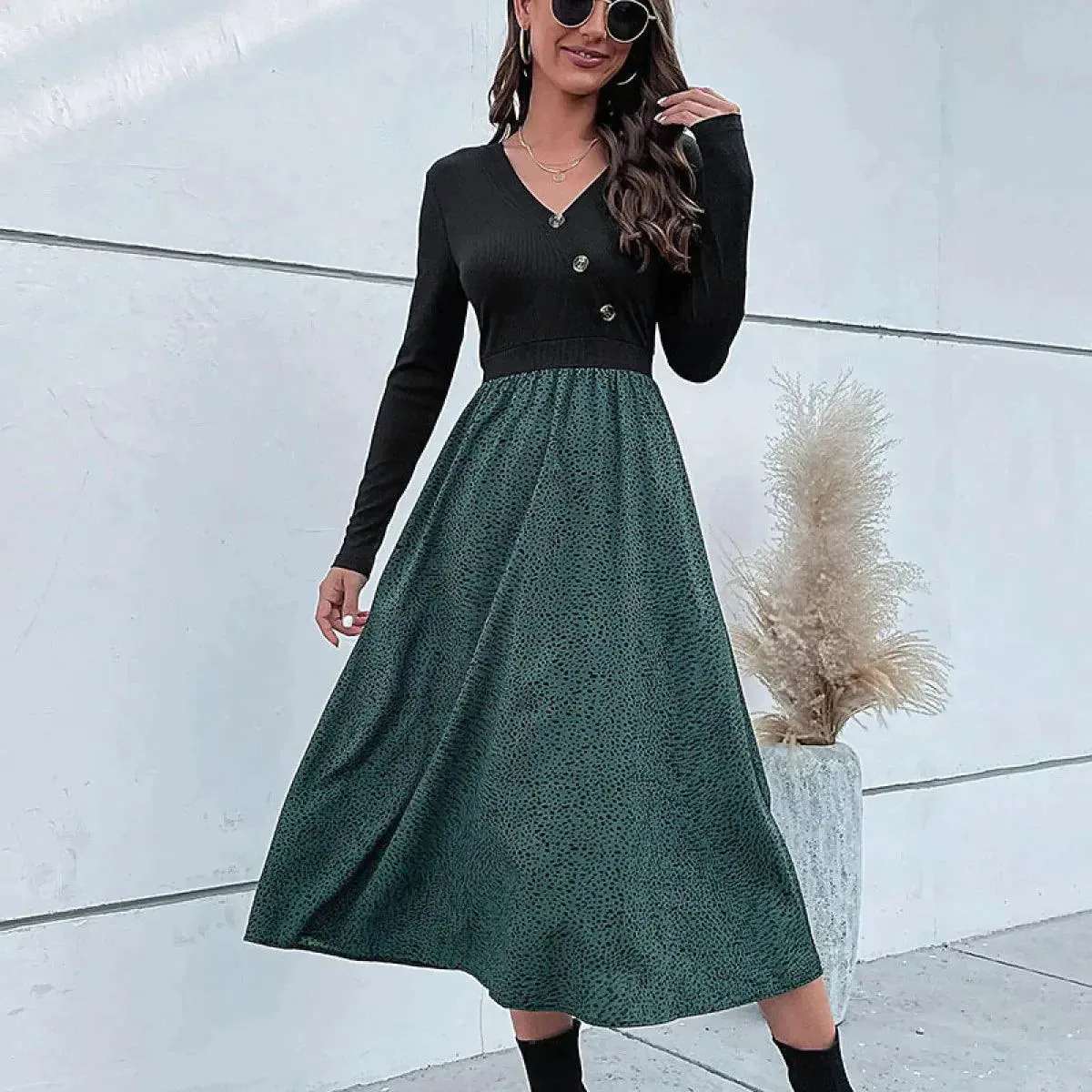 Colorblock Polka Dot Buttoned A-line Midi Dress