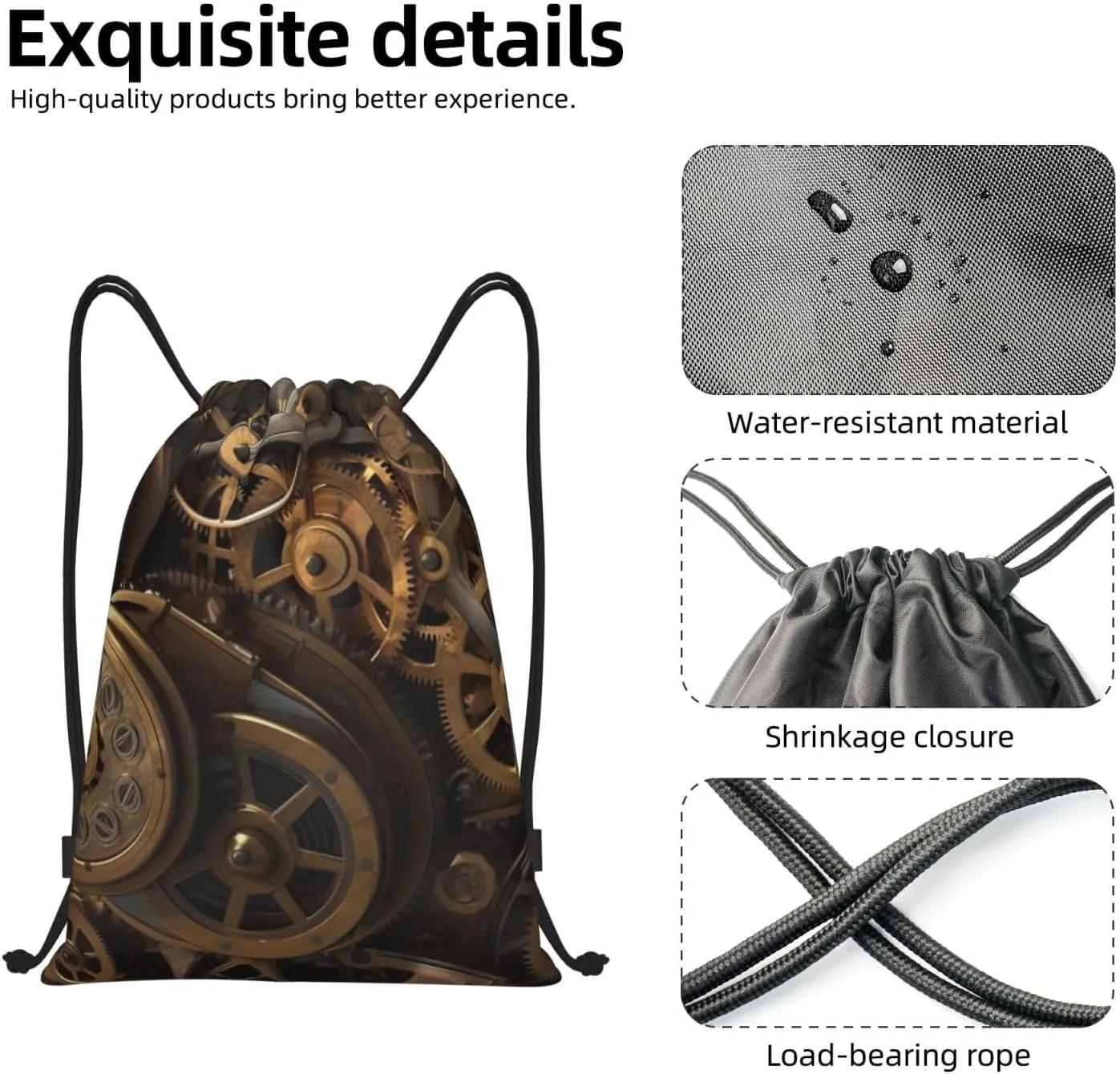 Cool Steampunk Gears Drawstring Backpack for Men Gym Bag String Bag Waterproof Drawstring Bag for Women Swim Bag Medium