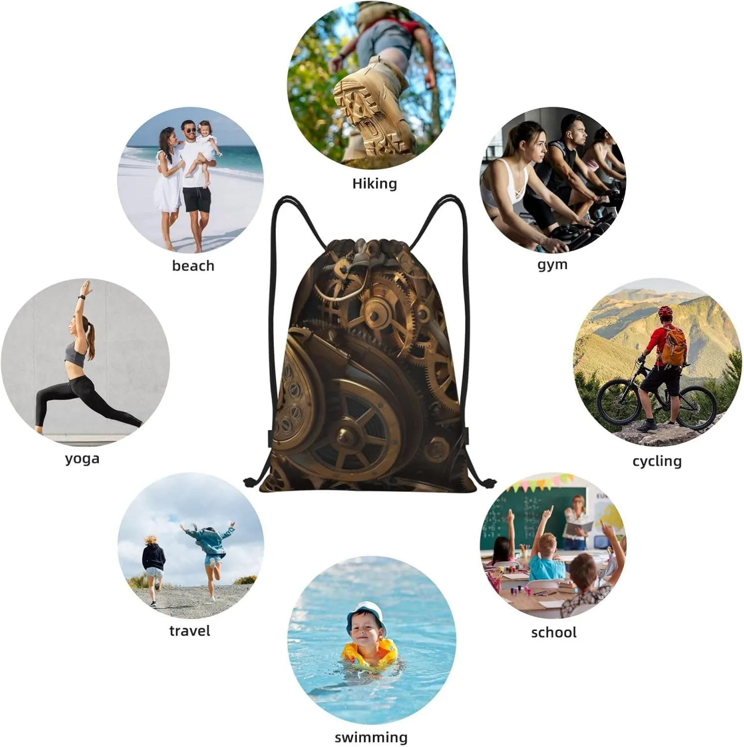 Cool Steampunk Gears Drawstring Backpack for Men Gym Bag String Bag Waterproof Drawstring Bag for Women Swim Bag Medium