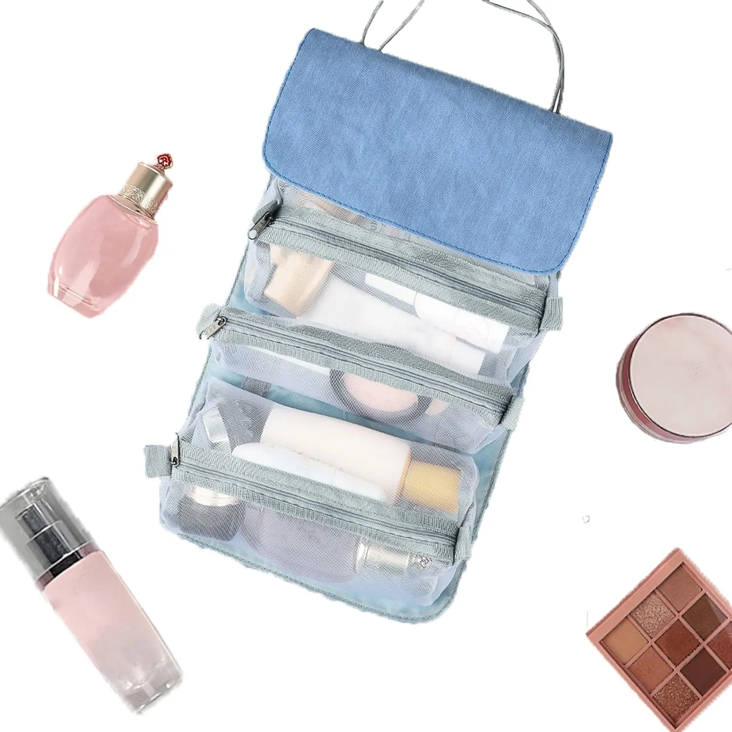Cosmetic Bag Organizer for Travel,4 in 1 Removable Makeup Bag,Toiletry Women Girl Travel Case,Portable Bag,Makeup Brush Bag,Cosmetic Case, 20.86x9.05in/53x23cm Wash Bag (Blue)