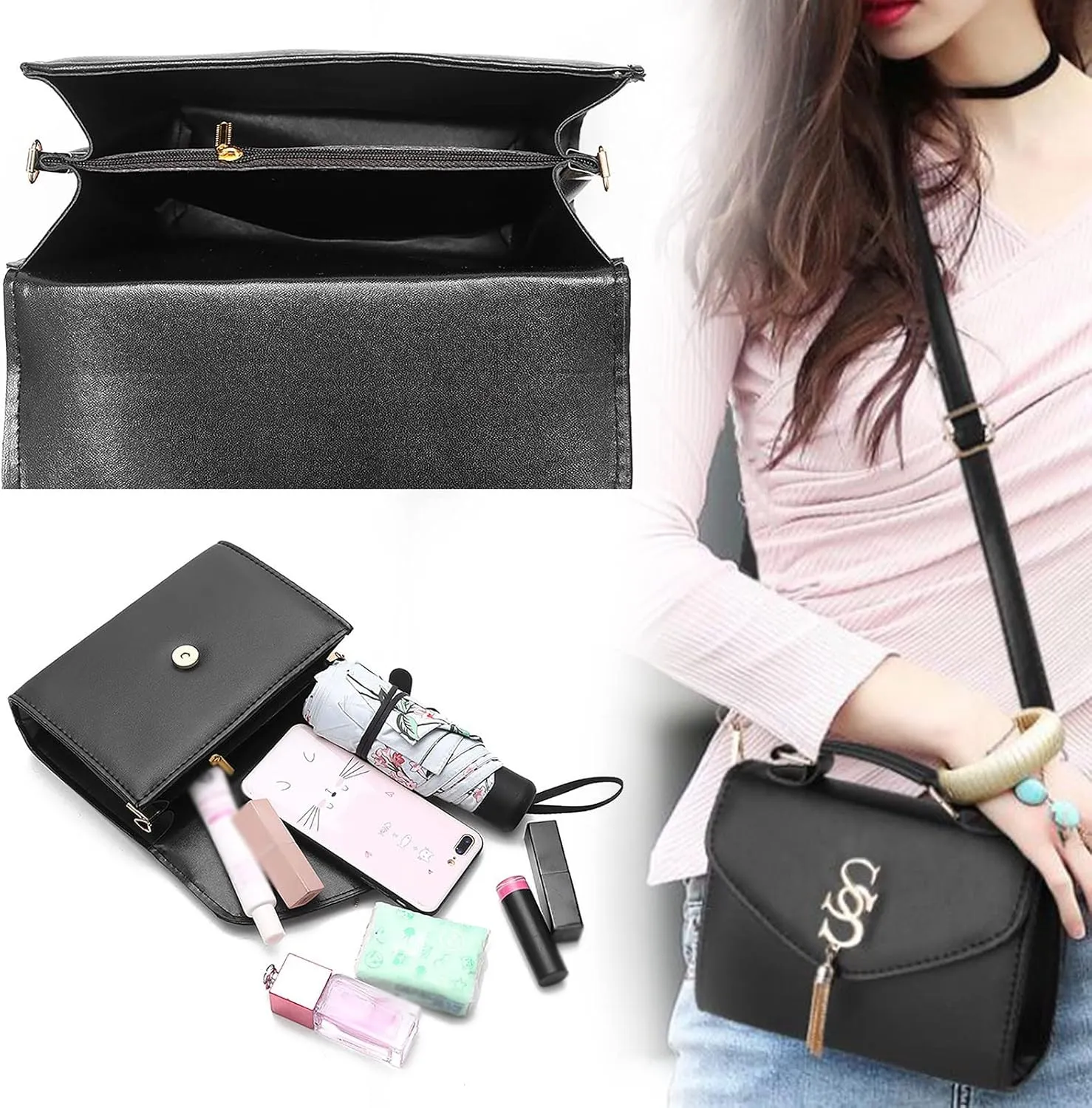 Crossbody Purses For Women Casual Crossbody Bags Adjustable Strap Shoulder Bag With Tassel Purses for (Black, One Size)
