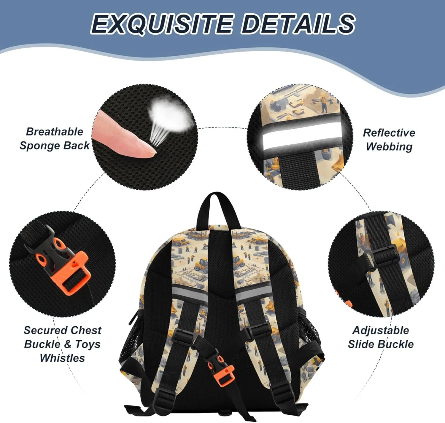 Custom Cute Ears Cool Backpacks Leash Kids Boy's/Girl's Anti-Lost Personalized Children Kindergarten School Book Bag with Reflective Strip M Construction Scene Build A House Concrete Mixer Truck