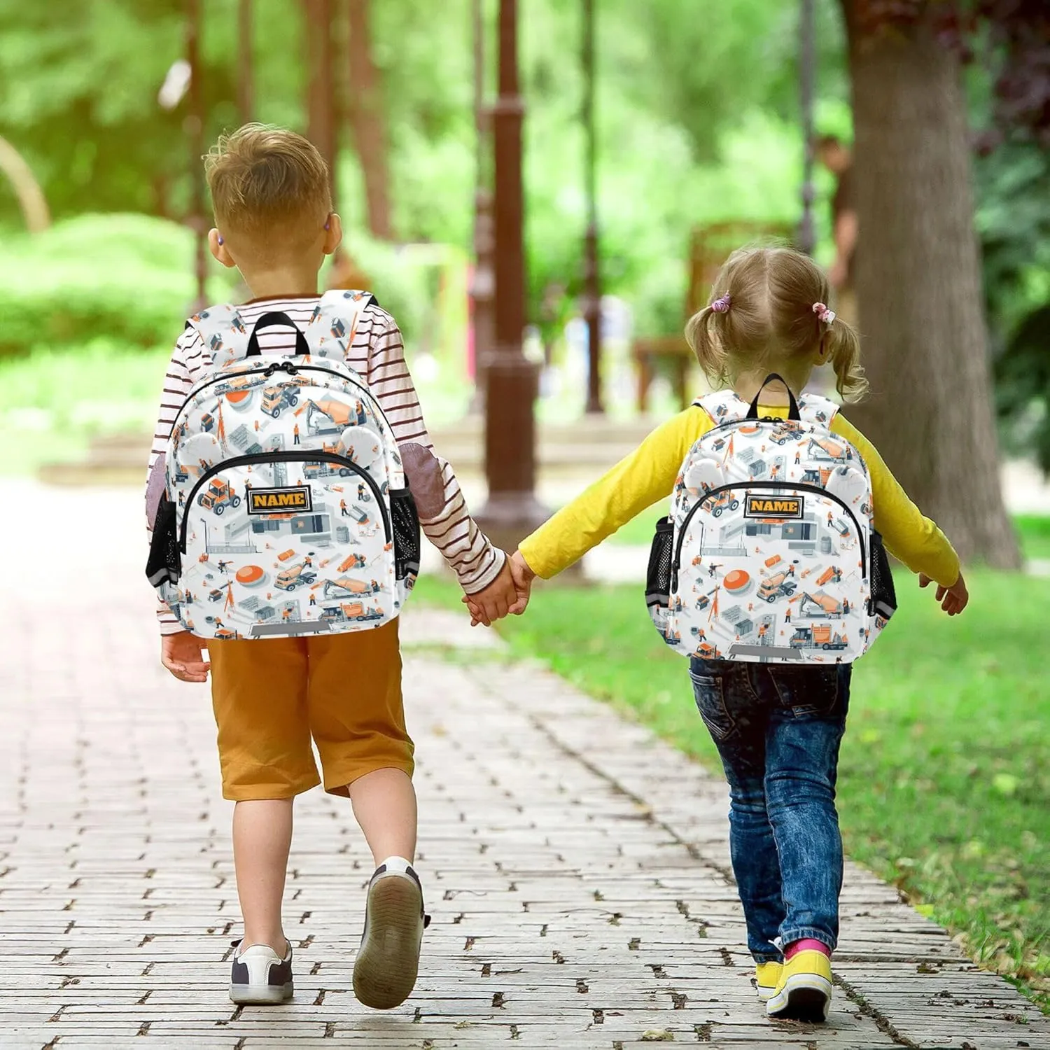 Custom Cute Ears Preschool Backpacks Leash Boy's/Girl's Anti-Lost Personalized School Bag For Toddlers with Reflective Strip S Construction Scene Building Bridges Concrete Mixer Truck Concrete Mixer