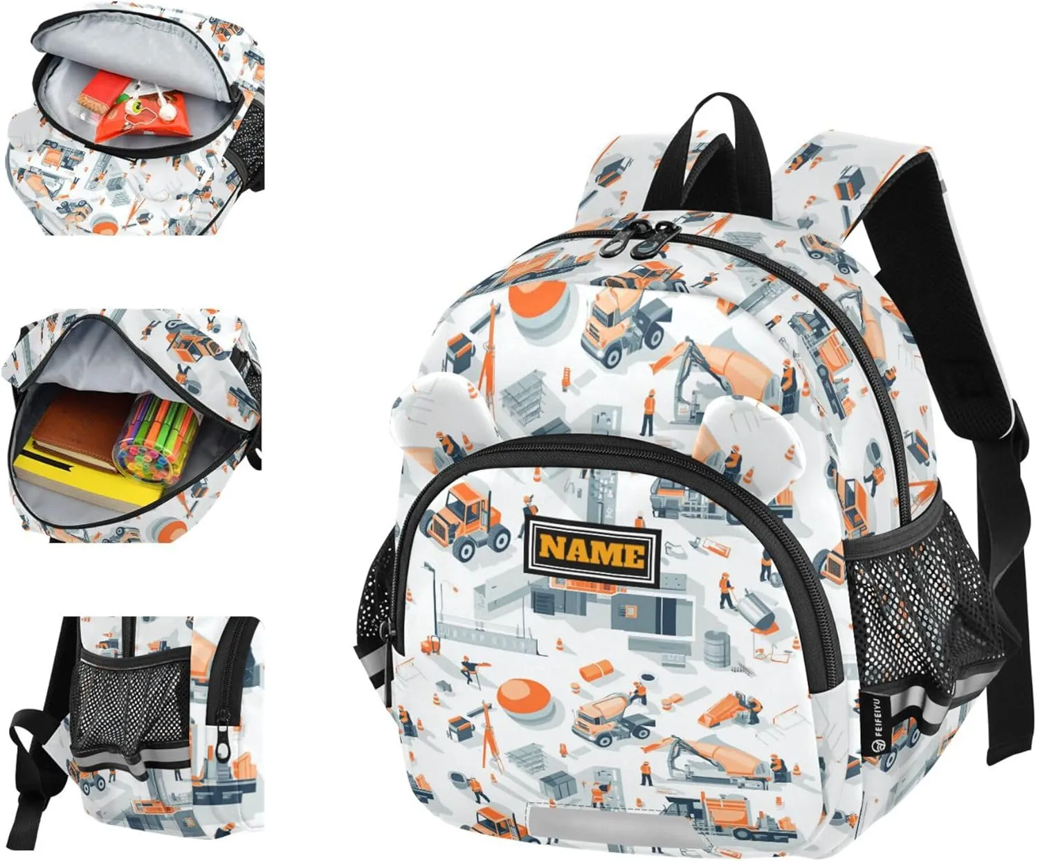 Custom Cute Ears Preschool Backpacks Leash Boy's/Girl's Anti-Lost Personalized School Bag For Toddlers with Reflective Strip S Construction Scene Building Bridges Concrete Mixer Truck Concrete Mixer