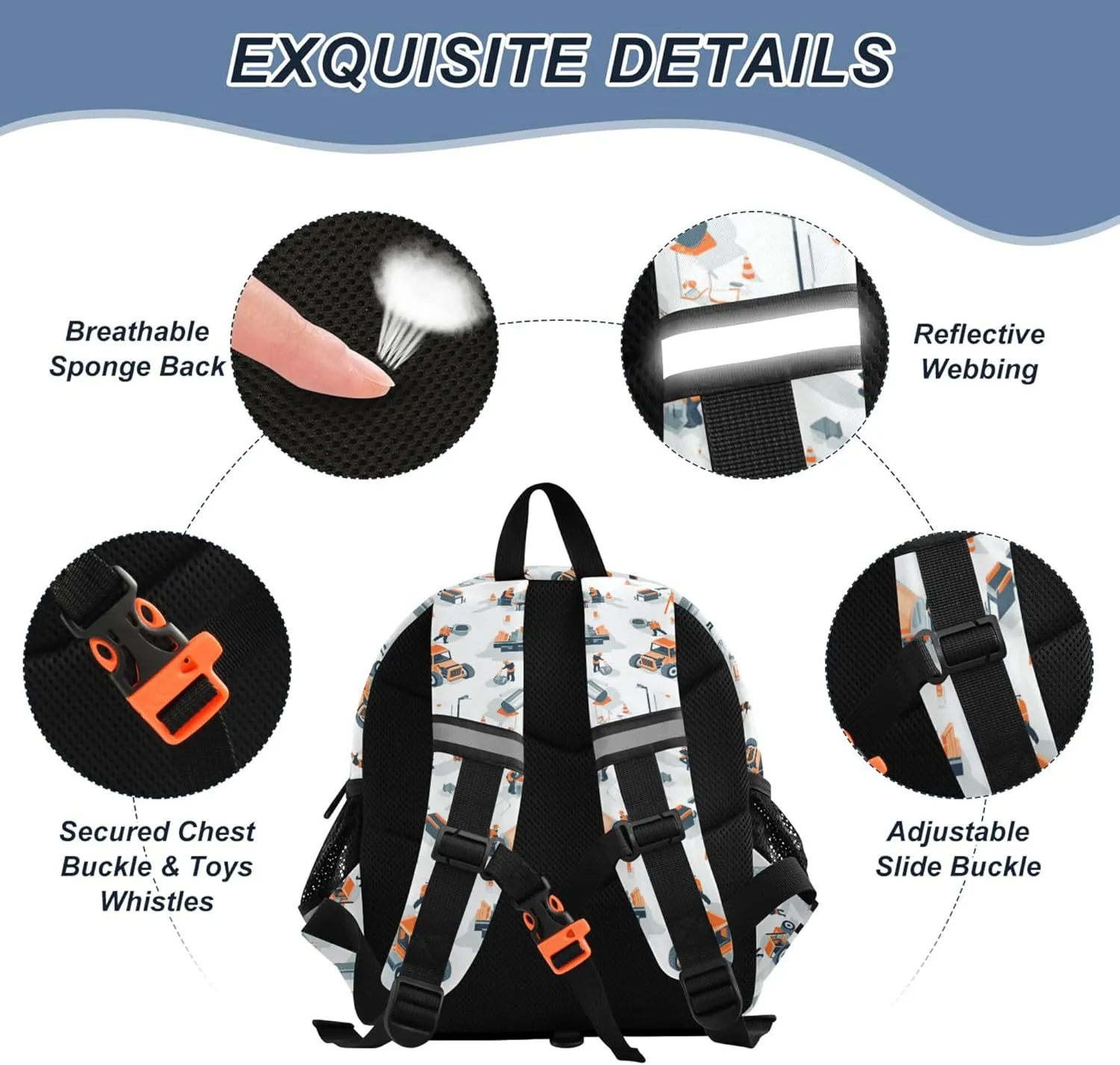 Custom Cute Ears Preschool Backpacks Leash Boy's/Girl's Anti-Lost Personalized School Bag For Toddlers with Reflective Strip S Construction Scene Building Bridges Concrete Mixer Truck Concrete Mixer