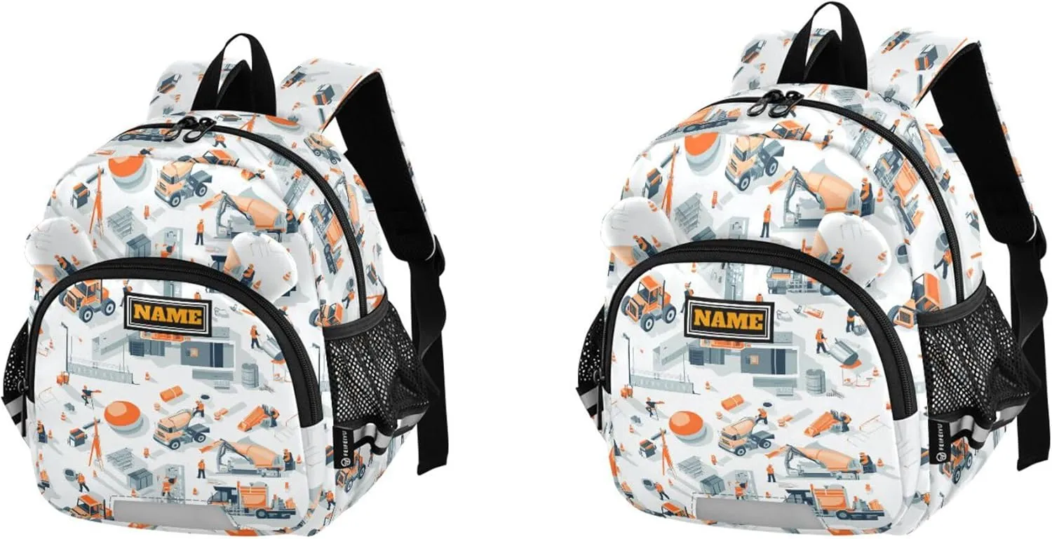 Custom Cute Ears Preschool Backpacks Leash Boy's/Girl's Anti-Lost Personalized School Bag For Toddlers with Reflective Strip S Construction Scene Building Bridges Concrete Mixer Truck Concrete Mixer