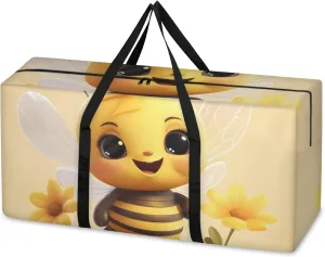 Cute Bee Extra Large Moving Bags Heavy Duty Storage Bags Cartoon Bee Cloth Wrap Around Handles Double Zipper Reusable Convenient Foldable Storage Tote for Travel Camping Space Save