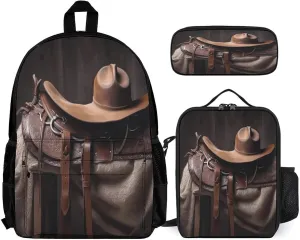 Cute Lunch Bag Backpacks Combo Set, Horse Saddle with A Cowboy Hat Wild Print Backpacks for Travel,adult Lunch Bag,3-in-1 Backpack Combo Set
