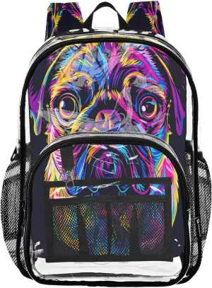 Cute Neon Pug Dog Girls Backpack, Large Clear Bag, School Bags for Girls