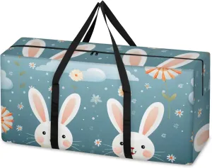 Cute Rabbit Extra Large Moving Bags Heavy Duty Storage Bags Cartoon Rabbit Cloth Wrap Around Handles Double Zipper Reusable Convenient Foldable Storage Tote for Travel Camping Space Save
