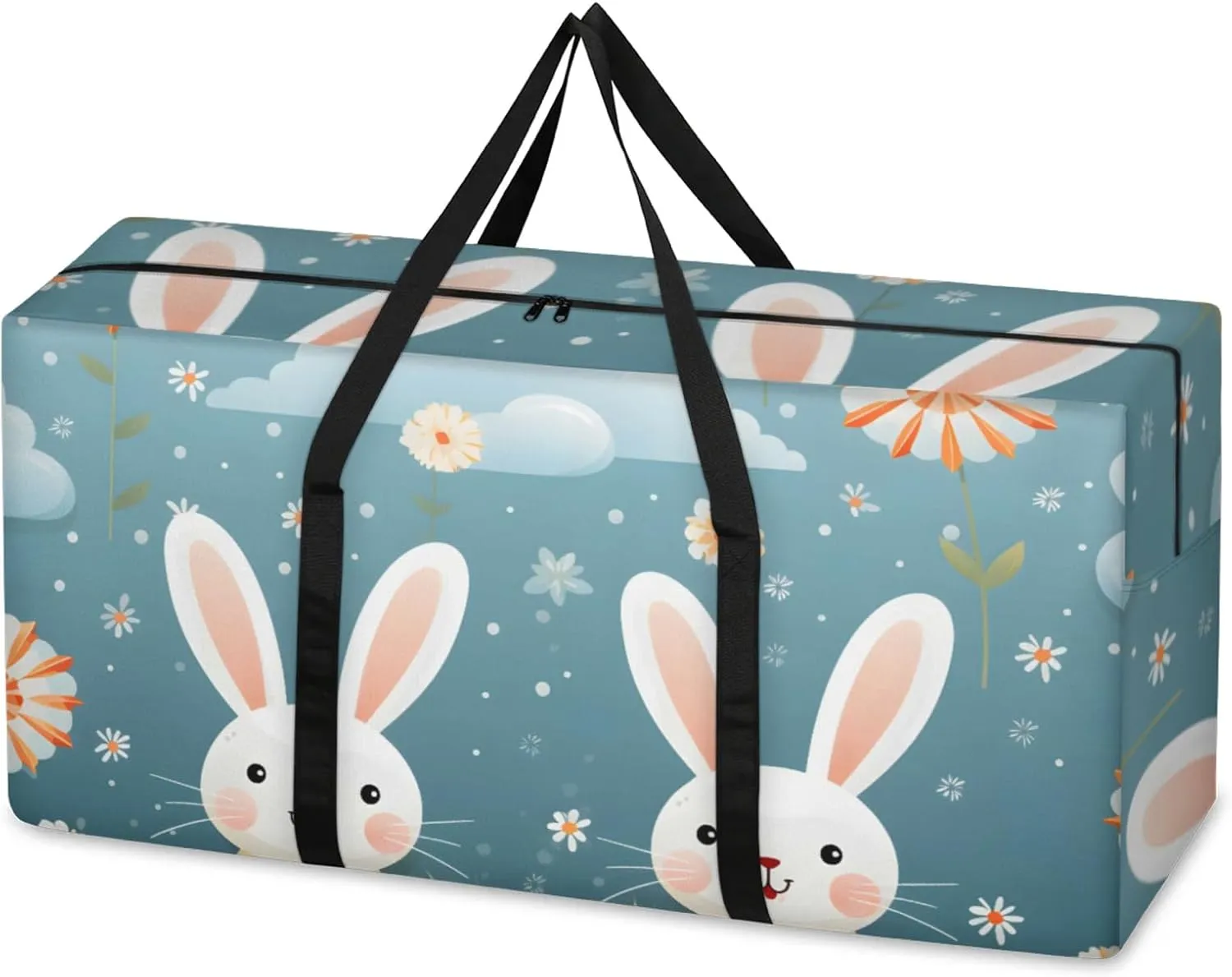 Cute Rabbit Extra Large Moving Bags Heavy Duty Storage Bags Cartoon Rabbit Cloth Wrap Around Handles Double Zipper Reusable Convenient Foldable Storage Tote for Travel Camping Space Save