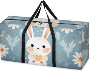 Cute Rabbit Extra Large Moving Bags Heavy Duty Storage Bags Flowers Rabbit Cloth Wrap Around Handles Double Zipper Reusable Convenient Foldable Storage Tote for Travel Camping Space Save