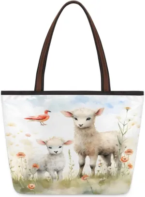 Cute Sheep Lamb Tote Bag with Zipper 15 Inch Canvas Tote Bag for Women Shoulder Handbag