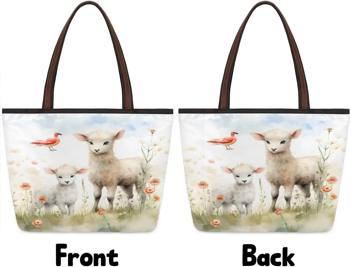 Cute Sheep Lamb Tote Bag with Zipper 15 Inch Canvas Tote Bag for Women Shoulder Handbag