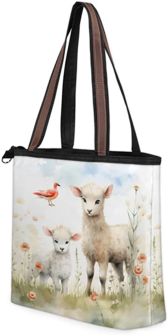 Cute Sheep Lamb Tote Bag with Zipper 15 Inch Canvas Tote Bag for Women Shoulder Handbag