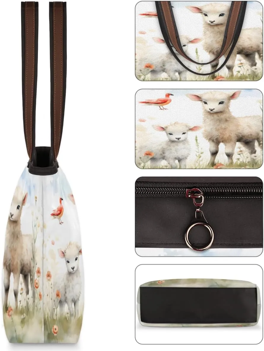 Cute Sheep Lamb Tote Bag with Zipper 15 Inch Canvas Tote Bag for Women Shoulder Handbag
