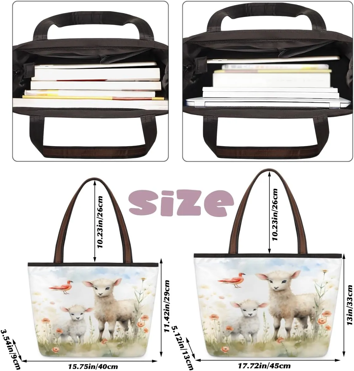 Cute Sheep Lamb Tote Bag with Zipper 15 Inch Canvas Tote Bag for Women Shoulder Handbag