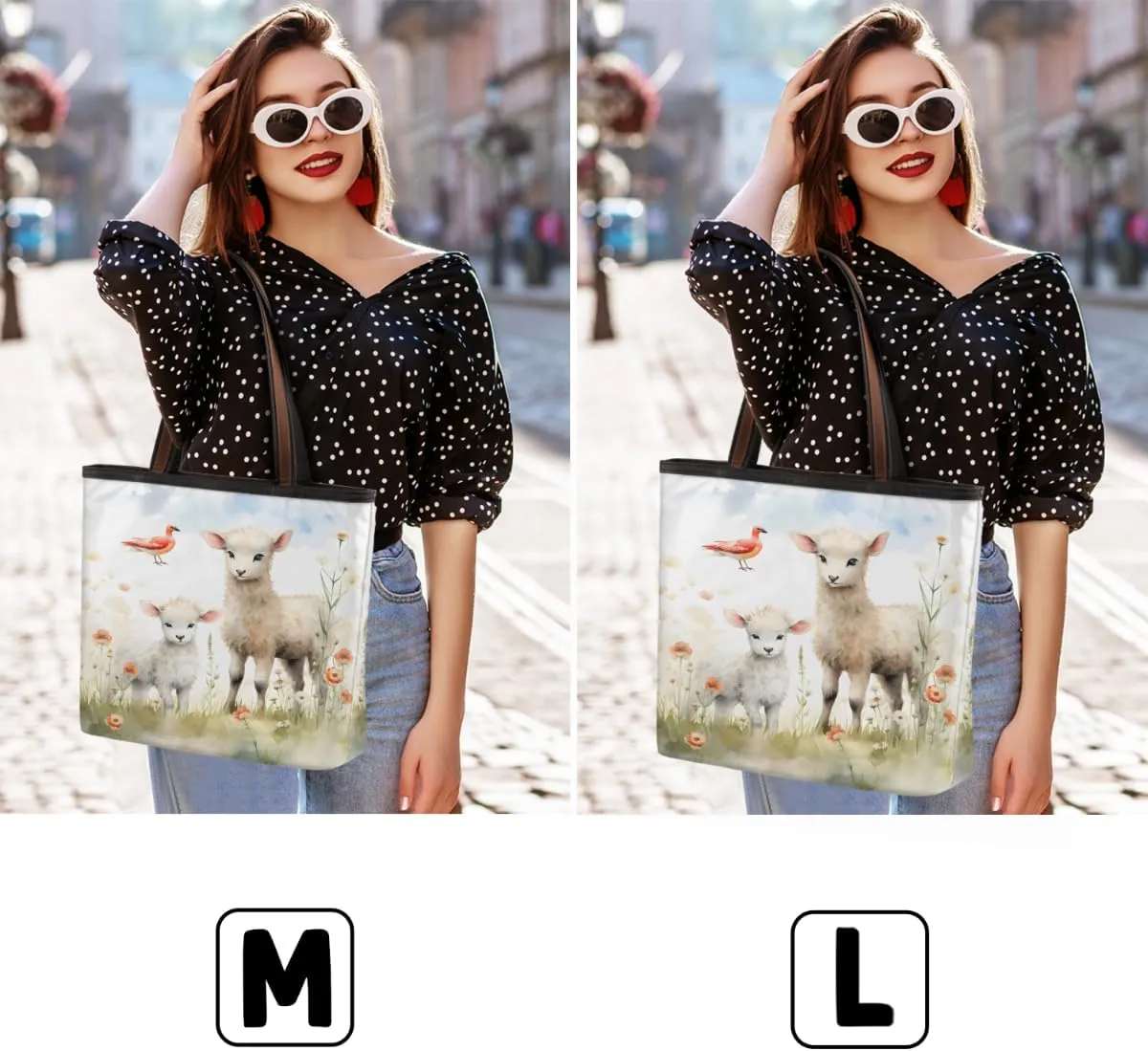 Cute Sheep Lamb Tote Bag with Zipper 15 Inch Canvas Tote Bag for Women Shoulder Handbag