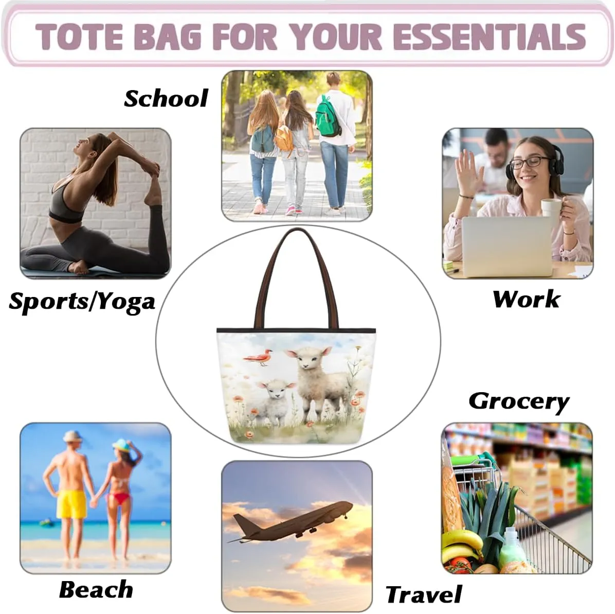 Cute Sheep Lamb Tote Bag with Zipper 15 Inch Canvas Tote Bag for Women Shoulder Handbag