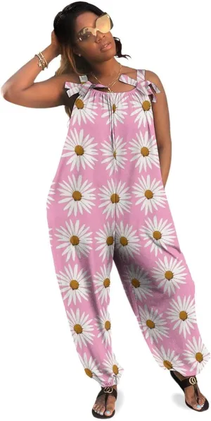 Daisy Pink Print Suspender Women Slings Jumpsuit Suspenders Cat Suit Loose Bow Shoulder Camisole Pant