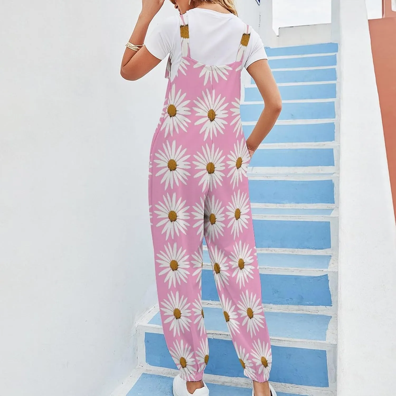 Daisy Pink Print Suspender Women Slings Jumpsuit Suspenders Cat Suit Loose Bow Shoulder Camisole Pant