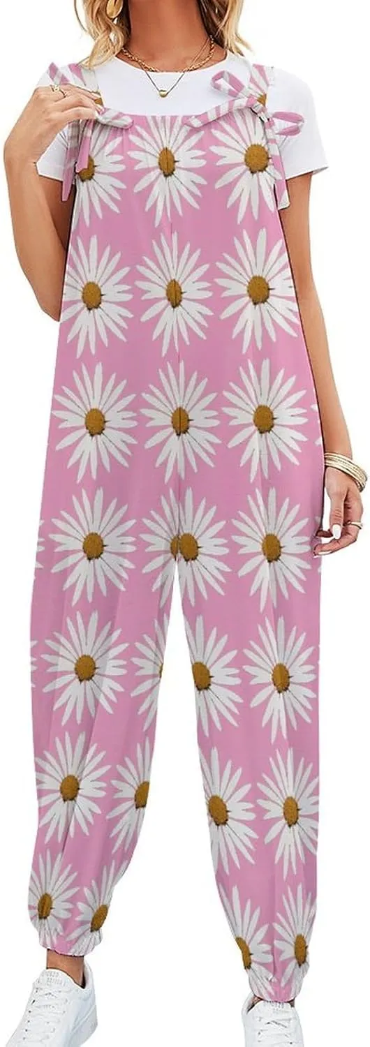 Daisy Pink Print Suspender Women Slings Jumpsuit Suspenders Cat Suit Loose Bow Shoulder Camisole Pant