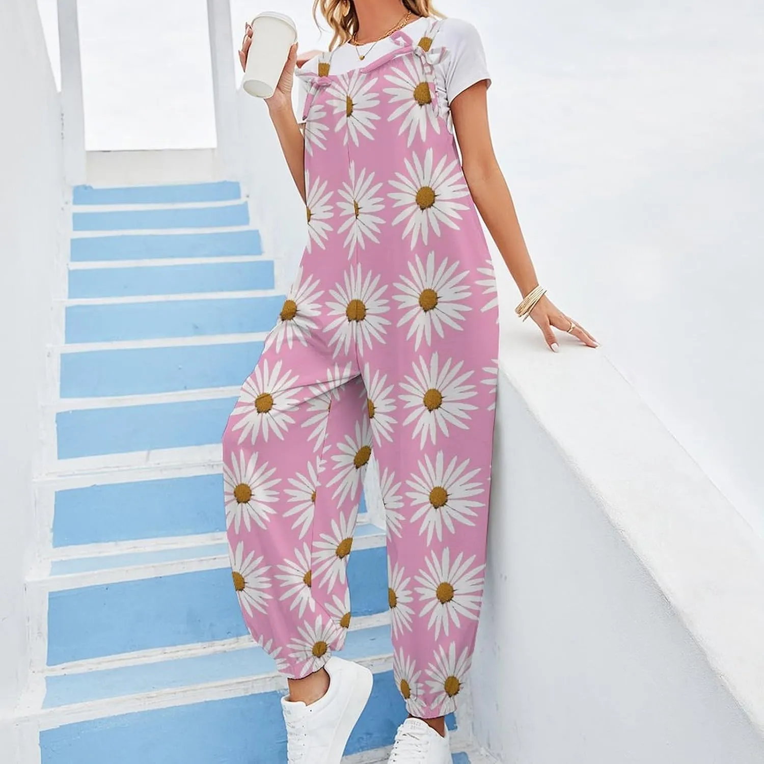 Daisy Pink Print Suspender Women Slings Jumpsuit Suspenders Cat Suit Loose Bow Shoulder Camisole Pant