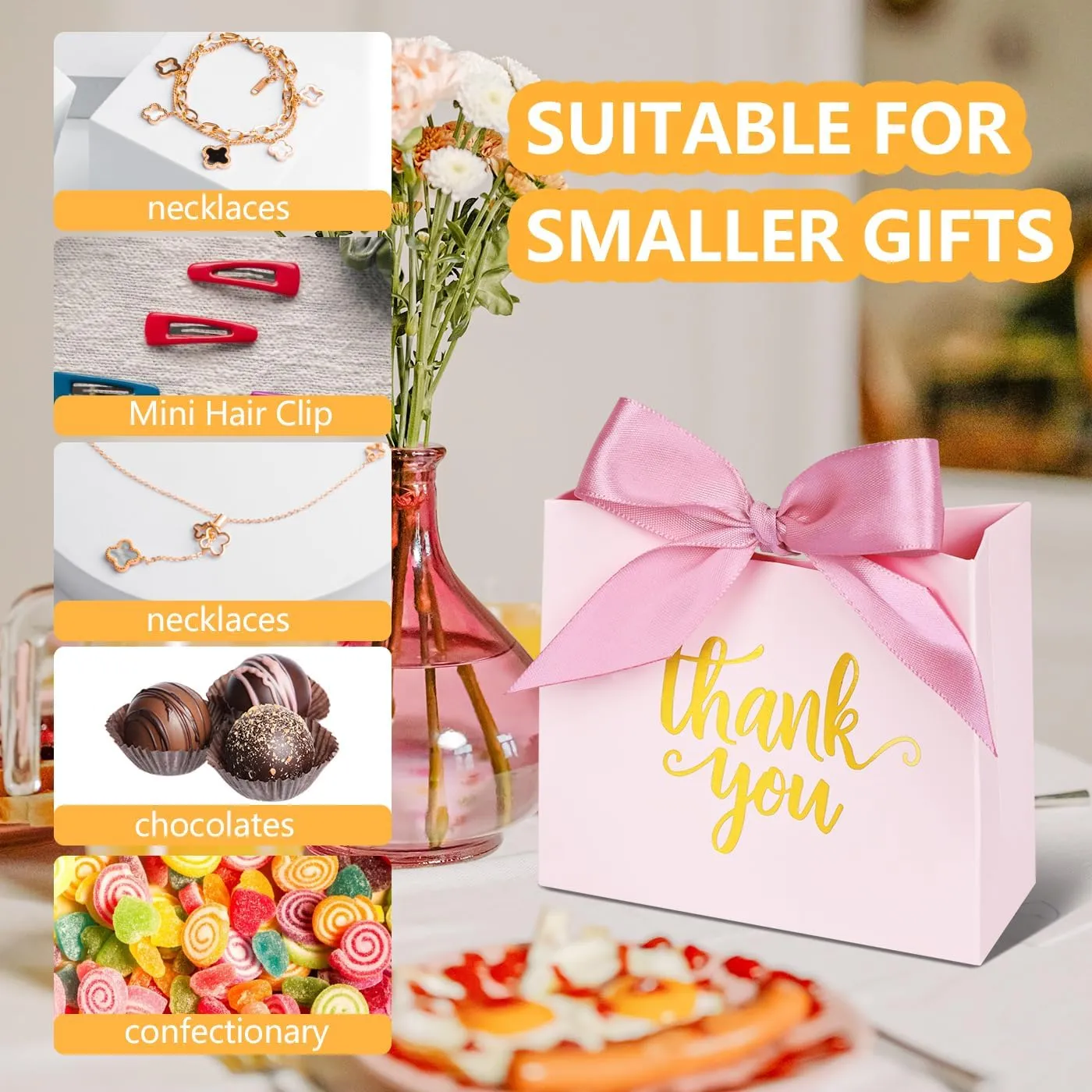 DECHISY 60Pack Small Thank You Gift Bags, 4.5x1.8x3.9 Inches Pink Paper Gift Bags with Ribbon Mini Gift Bags Bulk Wedding Candy Favor Boxes Birthday Party Favor Bags for Baby Shower Anniversary