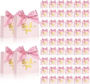 DECHISY 60Pack Small Thank You Gift Bags, 4.5x1.8x3.9 Inches Pink Paper Gift Bags with Ribbon Mini Gift Bags Bulk Wedding Candy Favor Boxes Birthday Party Favor Bags for Baby Shower Anniversary