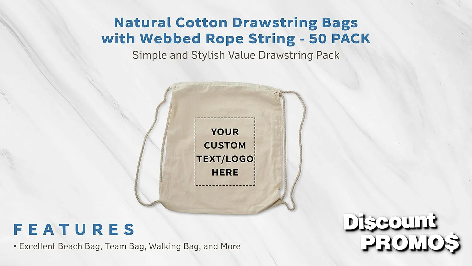 DISCOUNT PROMOS 50 Cotton Drawstring Bags Set - Customizable Text, Logo - Durable, Minimalist, Simple, Reusable - Natural