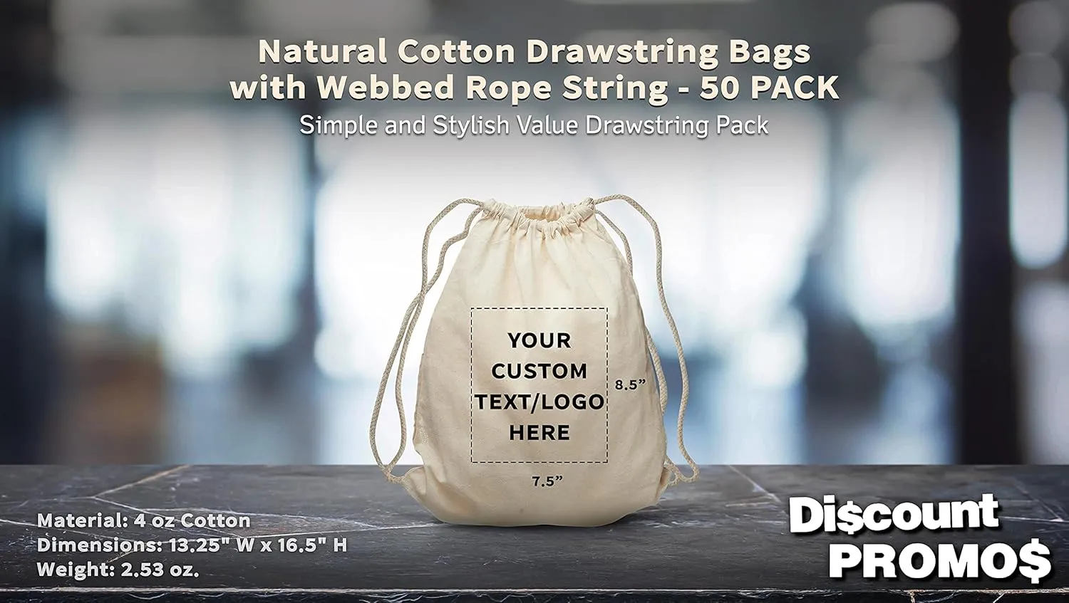DISCOUNT PROMOS 50 Cotton Drawstring Bags Set - Customizable Text, Logo - Durable, Minimalist, Simple, Reusable - Natural