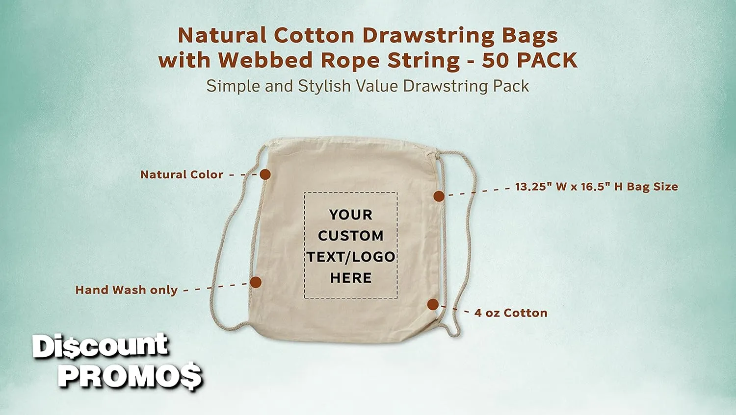 DISCOUNT PROMOS 50 Cotton Drawstring Bags Set - Customizable Text, Logo - Durable, Minimalist, Simple, Reusable - Natural